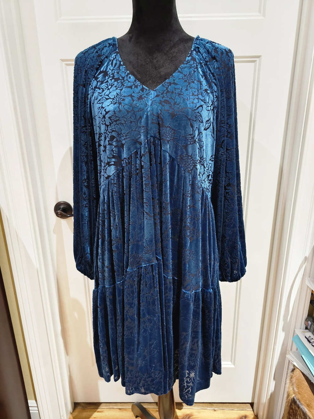 Taylor Teal Velvet Floral Tiered V-Neck Dress